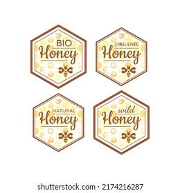Colorful honey vector label with honeycomb. Bio, organic, natural honey and bee symbol.