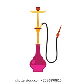 Colorful hookah with pink and gold design, black hose, red mouthpiece. Traditional shisha pipe for smoking, lounge, relaxation, and Middle Eastern culture themes. Flat vector illustration.