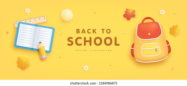 Colorful horizontal back to school banner with realistic cartoon school elements on yellow background. Vector illustration