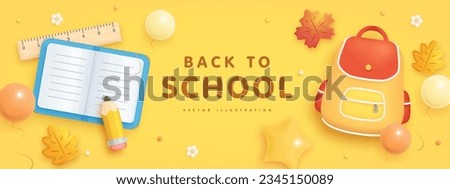 Colorful horizontal back to school banner with realistic cartoon school elements on yellow background. Vector illustration