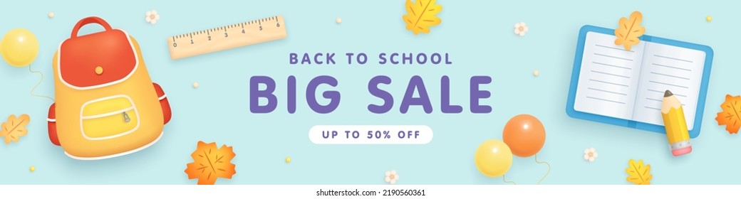 Colorful horizontal back to school big sale banner with realistic cartoon school elements on blue background. Vector illustration