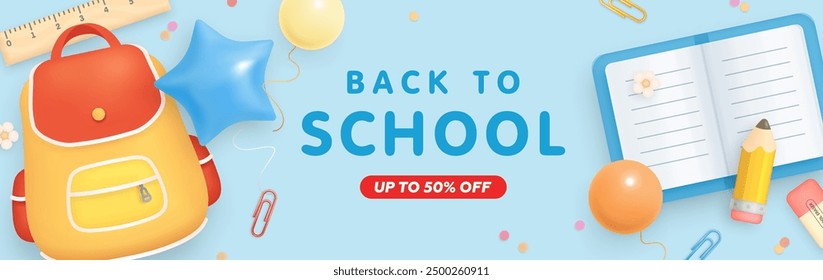 Colorful horizontal back to school flyer, wallpaper and web banner with realistic 3d cartoon school elements on blue background. Vector illustration