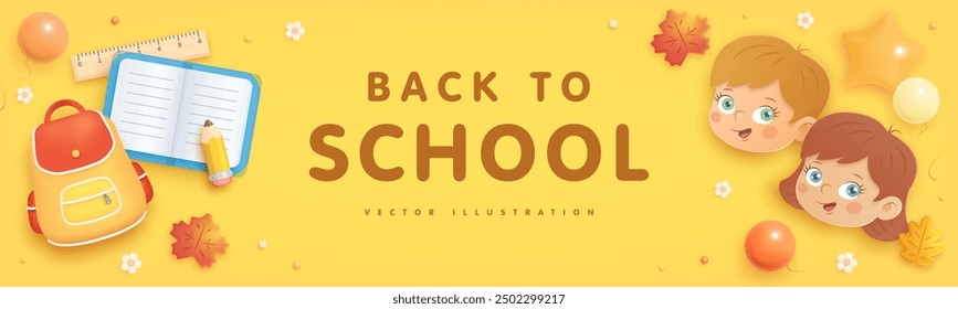 Colorful horizontal back to school flyer, wallpaper and web banner with realistic 3d cartoon school elements and children on yellow background. Vector illustration