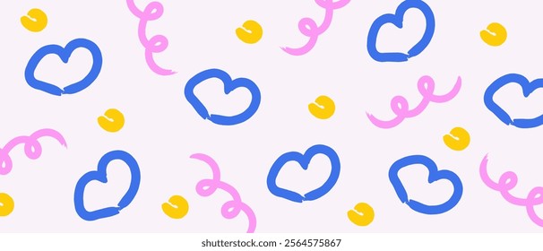 Colorful horizontal background with hearts and swirls. Hand drawn trendy abstract layout. Happy Valentine's Day banner template.