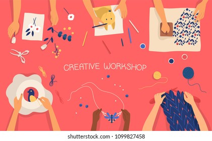 Colorful horizontal banner with hands making decorative craftwork - drawing, stamping, embroidering, knitting, weaving, scrapbooking work. Creative workshop for children. Flat vector illustration