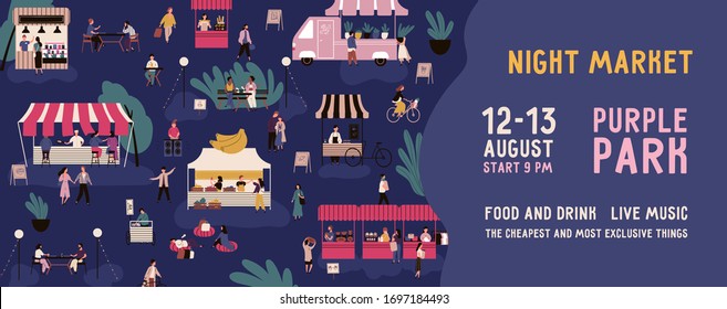 Colorful horizontal banner for night market with a place for text. Advertisment for nighttime fair. Crowd of people at urban festival or street marketplace. Vector illustration in flat cartoon style