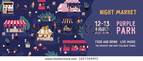Colorful horizontal banner for night market with a\
place for text. Advertisment for nighttime fair. Crowd of people at\
urban festival or street marketplace. Vector illustration in flat\
cartoon style