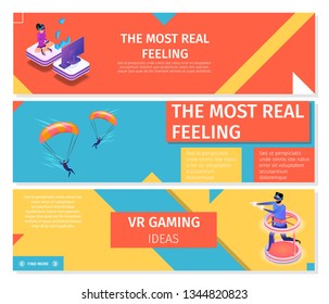 Colorful Horizontal Banner Set with Copy Space. People Playing Virtual and Augmented Reality Games, Extreme Skydiver Sport, Men Flying with Parachute. Paraglyding 3D Flat Vector Isometric Illustration