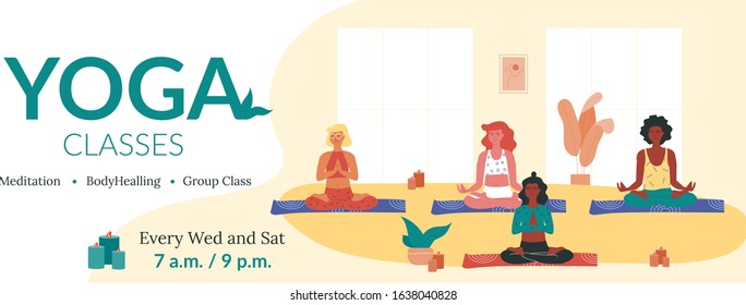 Colorful horizontal banner template. Group of women of different race doing yoga. Yoga, stretching and pilates instructor. Meditation as a way to relieve stress. Physical and mental health.