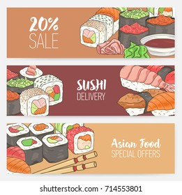 Colorful horizontal banner templates with hand drawn Japanese sushi, rolls, sashimi wasabi, chopsticks. Dining special offers and deals. Vector illustration for Asian restaurant advertisement.