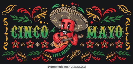 Colorful horizontal banner wirh cartoon mustached chili pepper in sombrero playing guitar with Mexican painted ornament on black background with curl elements, vector illustration