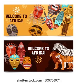 Colorful horizontal banners with african ethnic tribal ritual masks and wild animals isolated on white background vector illustration