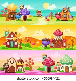 Colorful horizontal banners set with cartoon world landscapes and houses made of candies and sweets vector illustration