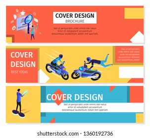 Colorful Horizontal Banners Set with Copy Space. Man Watching Through Magnifier on Employee Profile, Men Extreme Motocycles Riding, Guy Going on Hoverboard. 3D Flat Vector Isometric Illustration.
