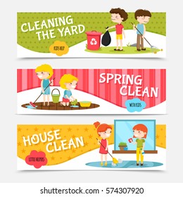 Colorful horizontal banners set with kids cleaning house and yard cartoon isolated vector illustration