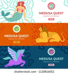 Colorful horizontal banners set with various mythical creatures flat isolated vector illustration