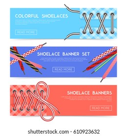 Colorful horizontal banners set with various shoelaces flat isolated vector illustration