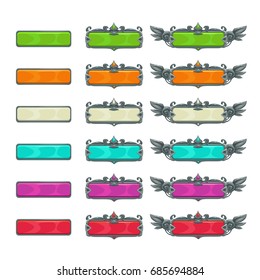 Colorful horizontal buttons for game or web design. Title banners set. Vector GUI assets, isolated on white background.