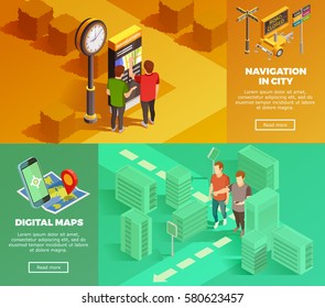 Colorful horizontal city navigation with digital maps isometric banners set isolated vector illustration