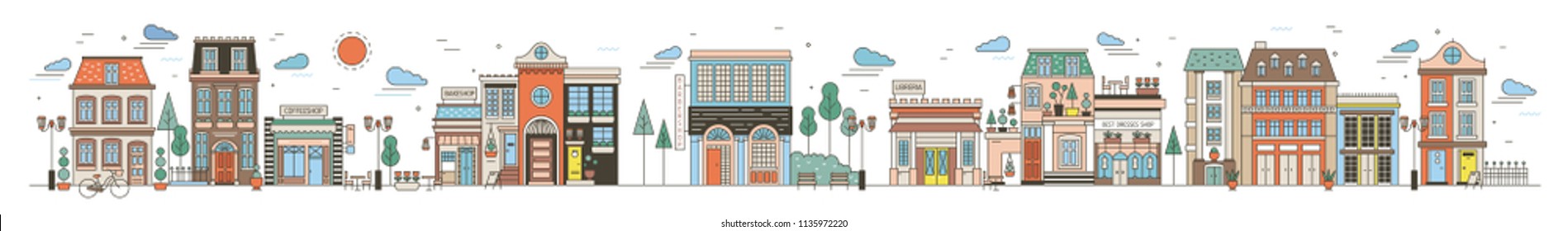 Colorful horizontal cityscape with street of European city full of elegant buildings, residential houses, stores and shops, public locations. Creative vector illustration in modern line art style