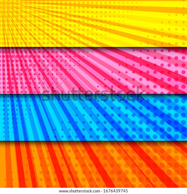 Colorful horizontal dynamic comic\
banners with radial and halftone effects. Vector\
illustration