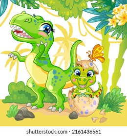 Colorful horizontal illustration with cute tyrannosaurus dinosaurs in nature. Children cartoon background. Vector illustration. For print, design, advertising, cards, stationery, t-shirt, textiles.