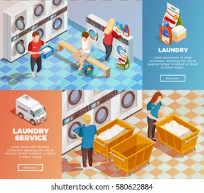 Colorful horizontal laundry service room with facilities for washing drying and cleaning banners set isometric isolated vector illustration