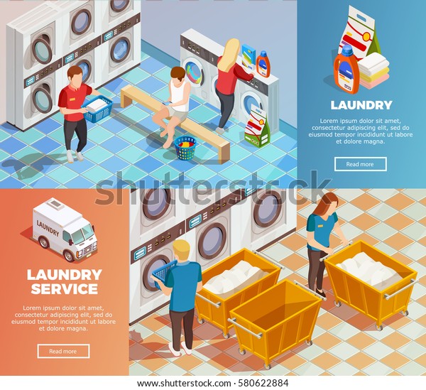 Colorful horizontal laundry service room\
with facilities for washing drying and cleaning banners set\
isometric isolated vector\
illustration