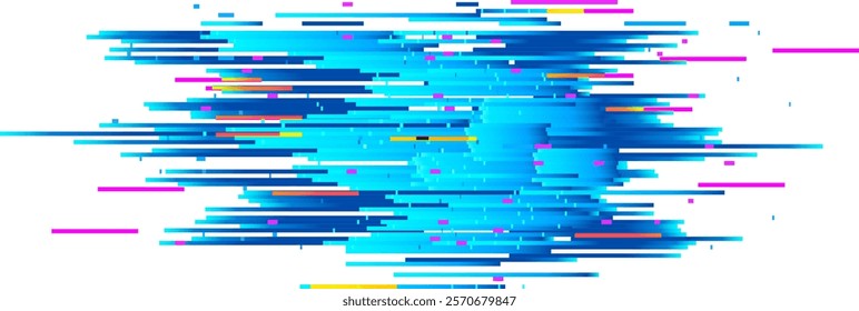 Colorful horizontal lines creating a dynamic glitch effect over a vibrant blue digital background, ideal for technology and digital art projects, enhancing modern design concepts