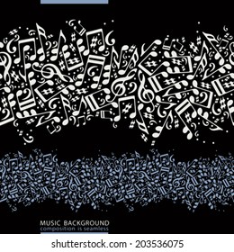 Colorful horizontal music canvas, vector seamless tape with striped musical notes on black background. 