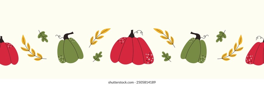 Colorful horizontal pattern with pumpkins and autumn leaves. Seamless texture for Thanksgiving design. 
