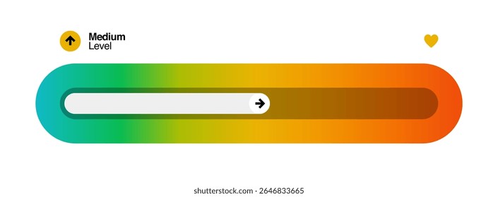 Colorful horizontal progress medium level indicator. Gradient color transition from green to red. Arrow direction shows improvement or movement.