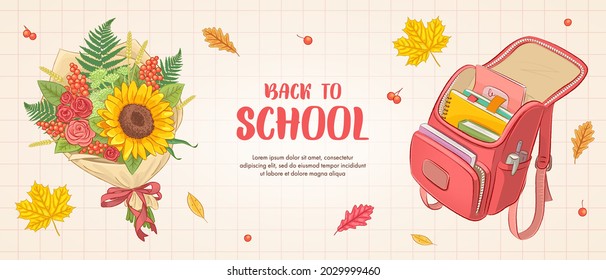 Colorful horizontal school banner with hand drawn school elements. Vector illustration