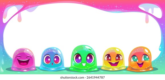 Colorful horizontal slime banner with cute smiling jelly characters and bright glossy slimy frame, funny playful childish background. Vector cartoon template for web or typography design.