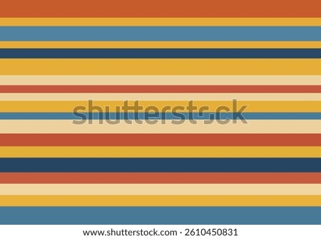 Colorful horizontal stripes pattern in yellow, red, orange, blue, aqua, and cream with boho, retro, and vintage appeal. Ideal for fashion fabrics, home decor, posters, and web design.