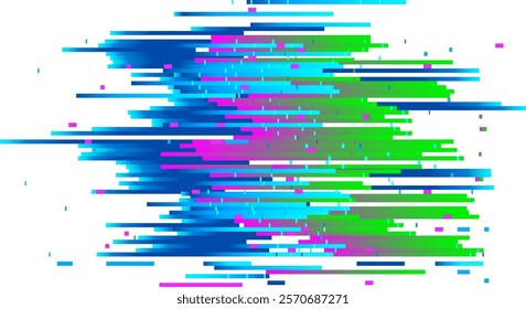 Colorful horizontal stripes undergo distortion from a digital glitch effect, resulting in a vibrant and dynamic abstract composition that captivates with its energy and visual appeal