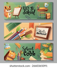 Coloridos Anuncios de Vector Horizontal sobre tema escolar. Incluye ardilla, escritorio, libros, lámpara, globo y lápices
