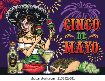 Colorful horizontal vintage poster with Mexican girl with painted face wearing sombrero and hoops shaking maracas, tequila, chili pepper, taco, lime, vector illustration