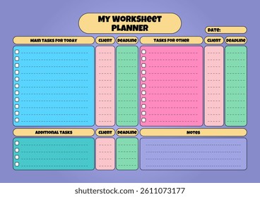 Colorful horizontal work sheet planner with task list, client details, deadline, and notes section for efficient work management on a cartoon purple background. Perfect for the freelancer and worker. - Powered by Shutterstock - Get 15% off with code: PIKWIZARD15