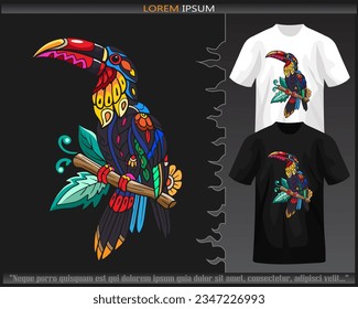 Coloridas artes mandala de ave Hornbil aisladas en camisetas blancas y negras.