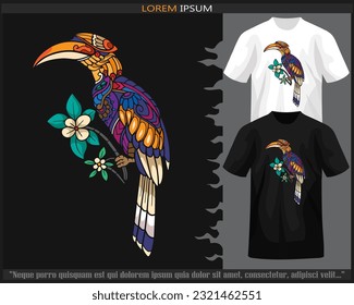 Colorful hornbill bird mandala arts isolated on black and white t shirt.