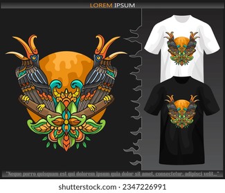 Farbige HornBill-Vogel-Mandala-Kunst einzeln auf schwarz-weißem T-Shirt.