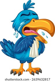 A colorful hornbill illustration expressing sadness with tears, featuring bold outlines and vivid hues