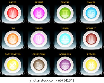 Colorful Horoscope astrology zodiac sign symbol with 3d simple white button paper and spotlight in graphic design icon vector illustration