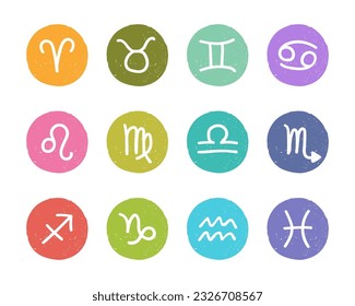 Colorful horoscope icon set on grunge textured background, Astrology symbols vector illustration. Each object is isolated.