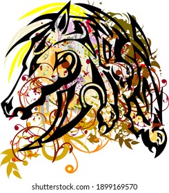 Colorful horse head splashes with falcon elements. Beautiful bright horse head with floral and golden decorative elements for your creative ideas, posters, wallpaper, prints, etc.