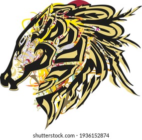 Colorful horse head splashes with an unusual pattern. Beautiful grunge horse head symbol with colored and golden decorative floral motifs for wallpaper, prints, posters, textiles, etc.