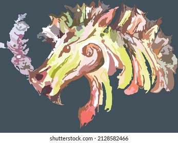 Colorful horse head symbol on a dark background. Grunge stallion head multicolored smoke splashes for interior solutions, textiles, prints, fashion trends, fabrics products, wallpaper, covers, etc.