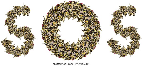 Colorful horse heads symbol splashes out SOS. The creative approach to the image of the SOS symbol in the grunge style can be used as letters, decorative symbol, wallpaper, prints, etc.