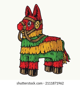 Colorful horse pinata made of papier-mache with bridle in vintage style, isolated vector illustration